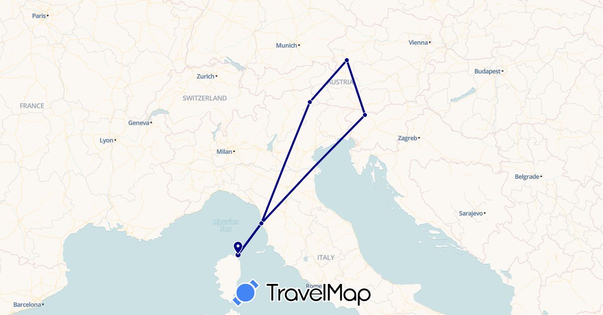 TravelMap itinerary: driving in Austria, France, Italy, Slovenia (Europe)